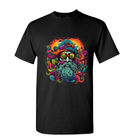 Psychedelic vintage hippy sunglasses man - vibrant tee for free spirits and bold style.