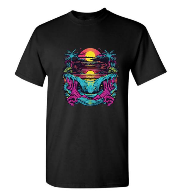 Psychedelic Tropical Sunset T-Shirt/ Colorful Graphic Tee/ Unique Beach Vibes Shirt/ Perfect for Summer