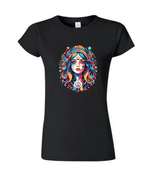 Vintage-Inspired Psychedelic Hippie Girl T-Shirt/Boho Graphic Tee/ Retro Festival Fashion/Colorful Vibes/Unique Gift for Free Spirits