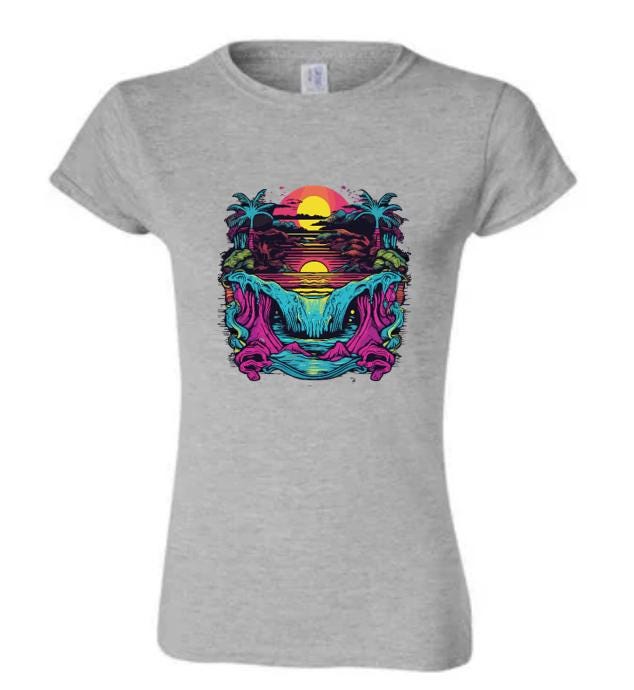 Psychedelic Tropical Sunset T-Shirt/ Colorful Graphic Tee/ Unique Beach Vibes Shirt/ Perfect for Summer